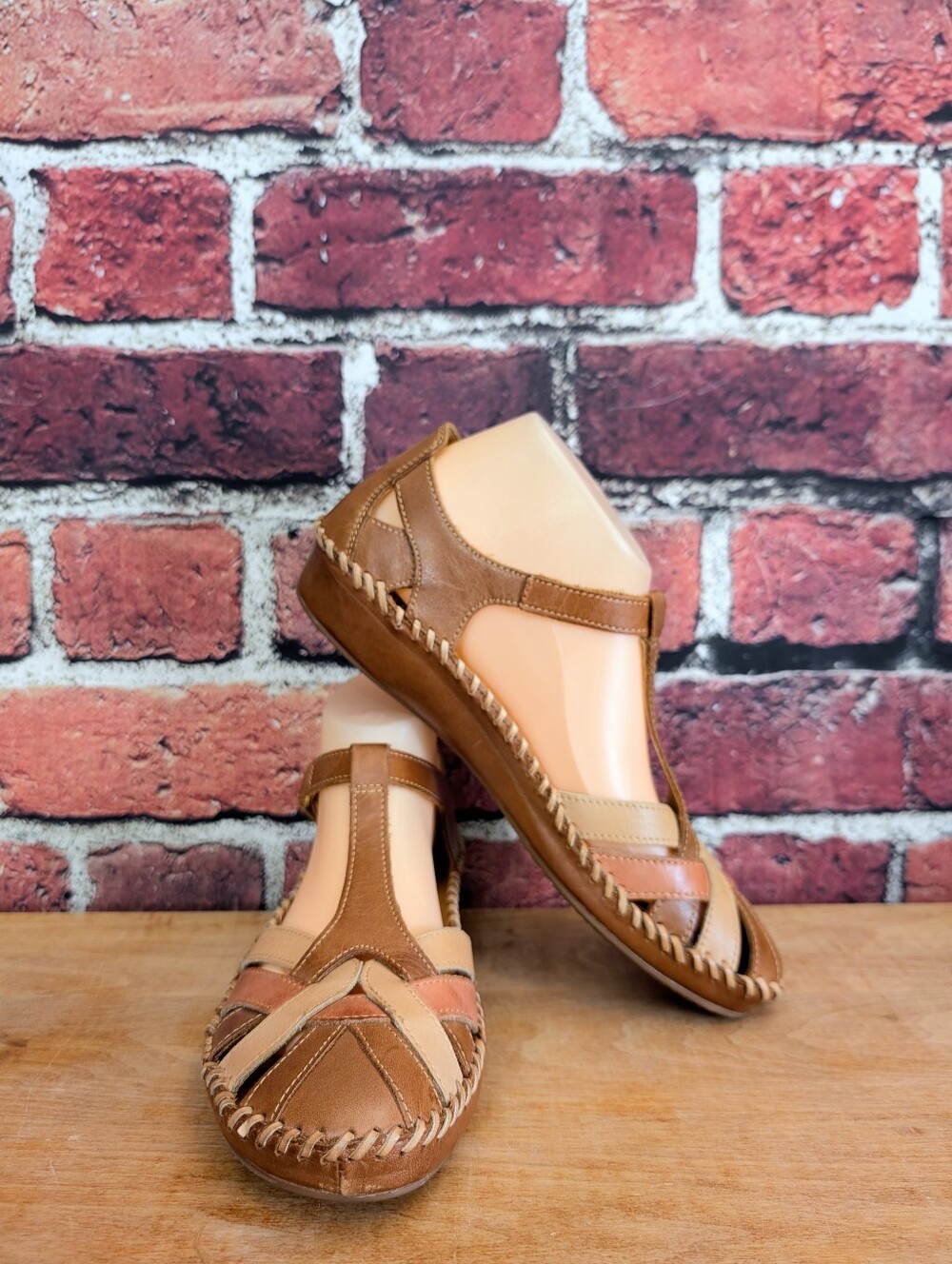 Pikolinos Puerto Vallarta T-Strap Blush Brown Leather Sandals, Size 40 / 9 - 9.5